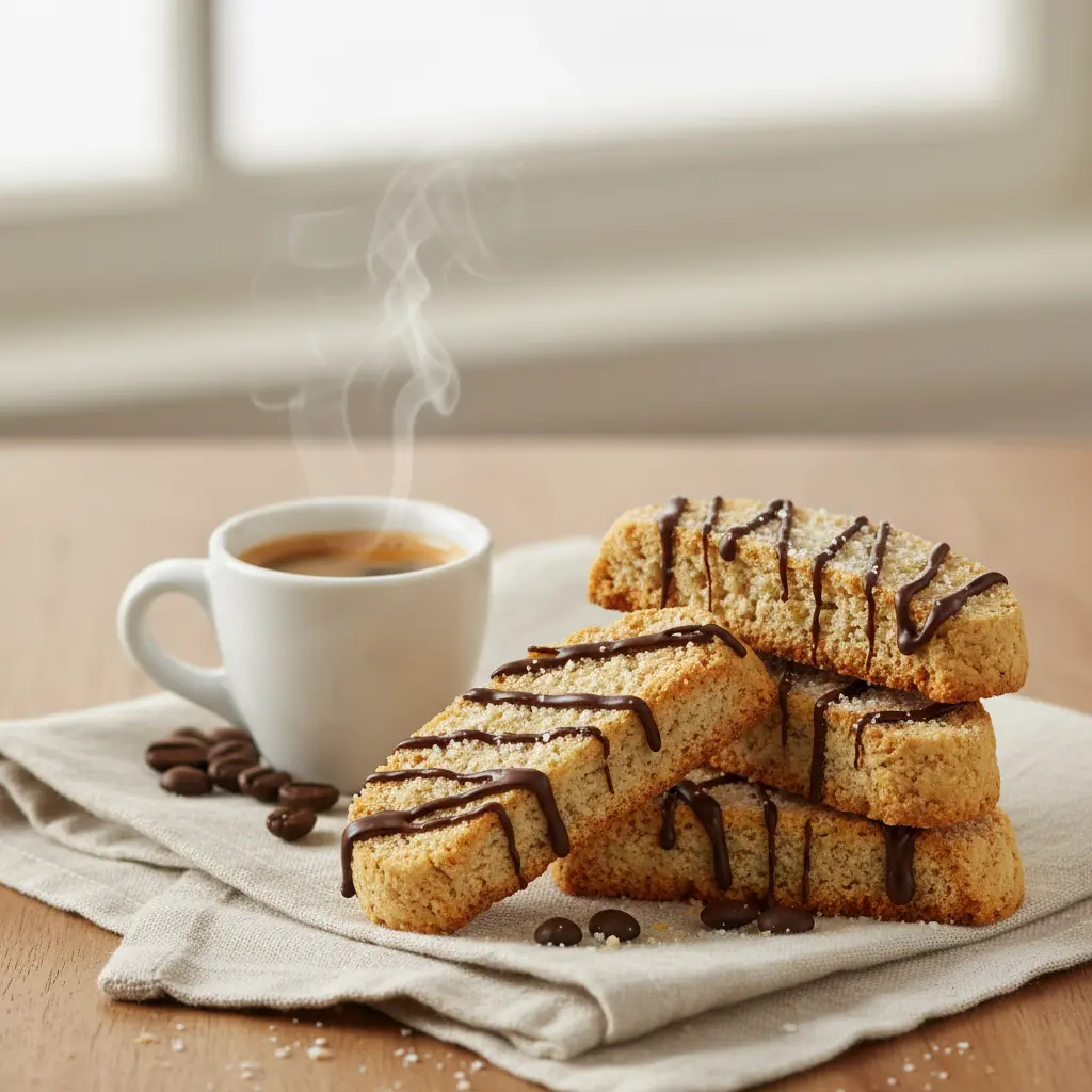 Crispy keto biscotti cookies stacked alongside a steaming espresso cup on a light linen napkin, drizzled with dark chocolate