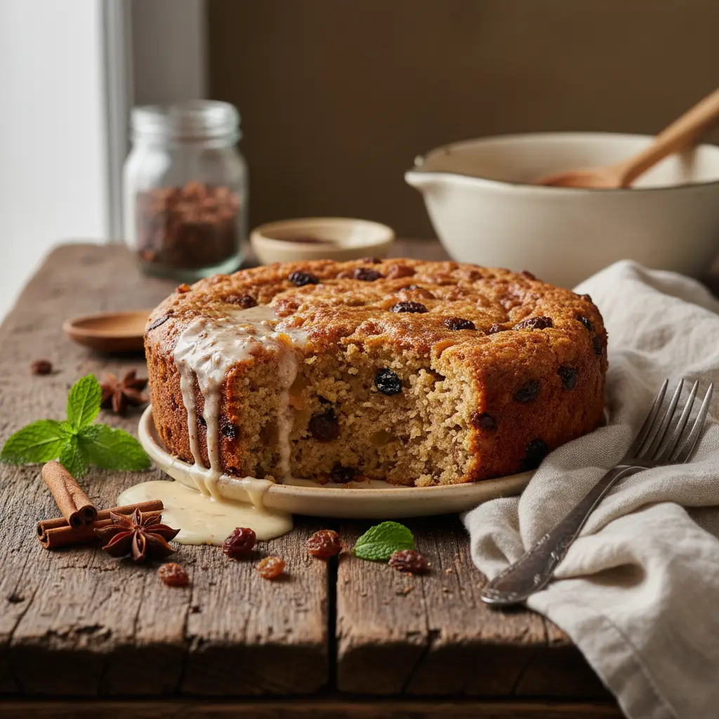 Jamaican bread pudding on a rustic kitchen table