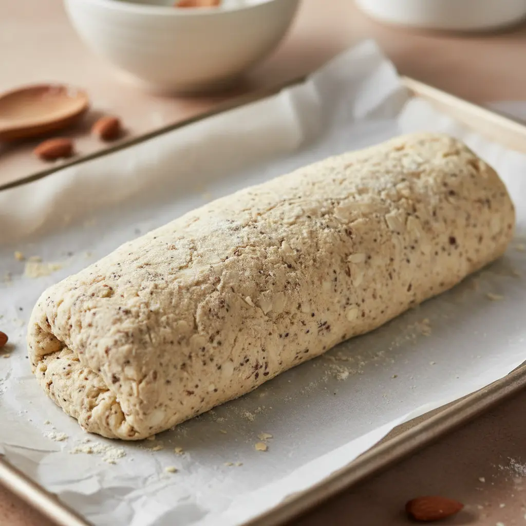 Low carb almond biscotti dough shaped into a log on a parchment-lined baking sheet ready for the first bake
