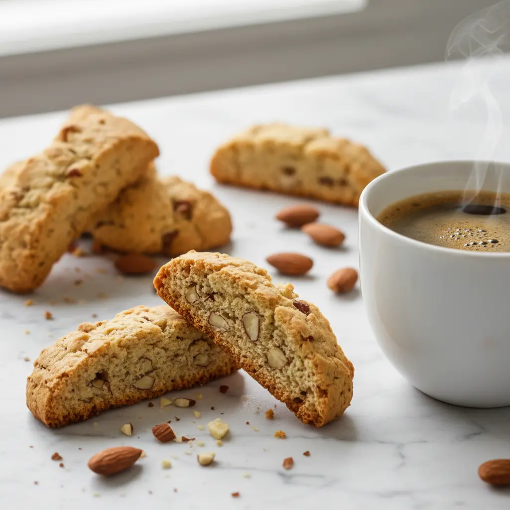 Keto biscotti recipe cookies made with almond flour, golden brown and crunchy, arranged on a white marble surface with scattered almonds and a cup of coffee