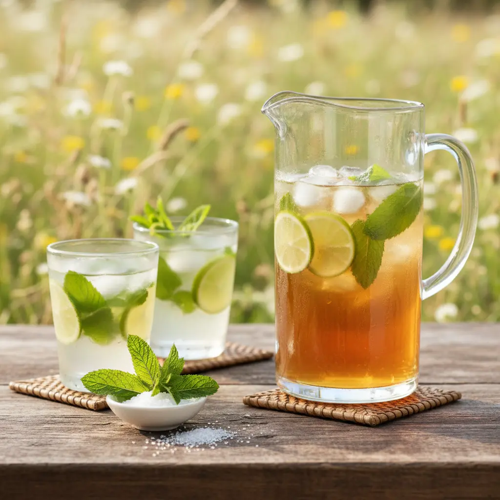 Refreshing meadow tea recipe served in tall glass with fresh mint and ice