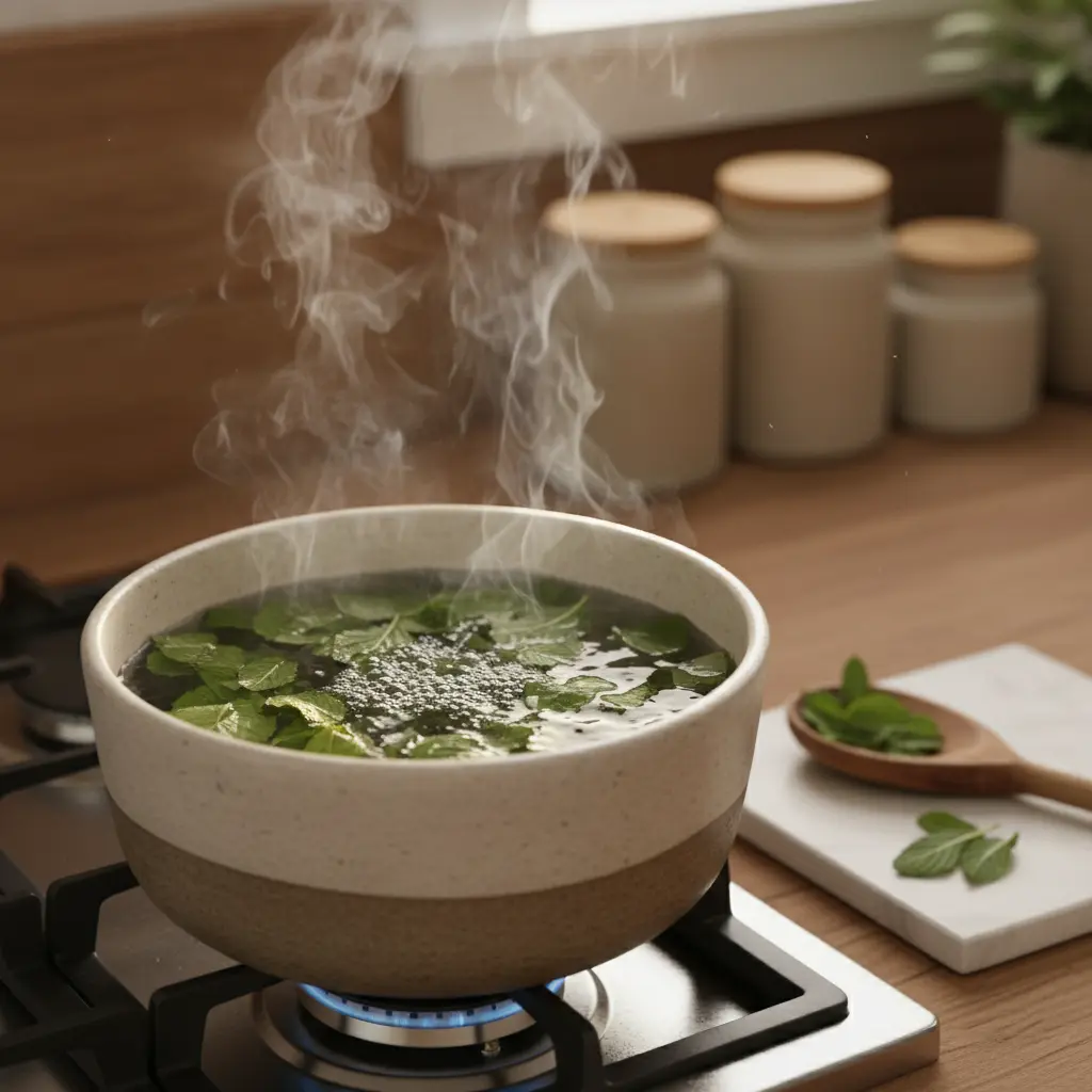 Fresh mint leaves steeping in boiling water for meadow tea recipe