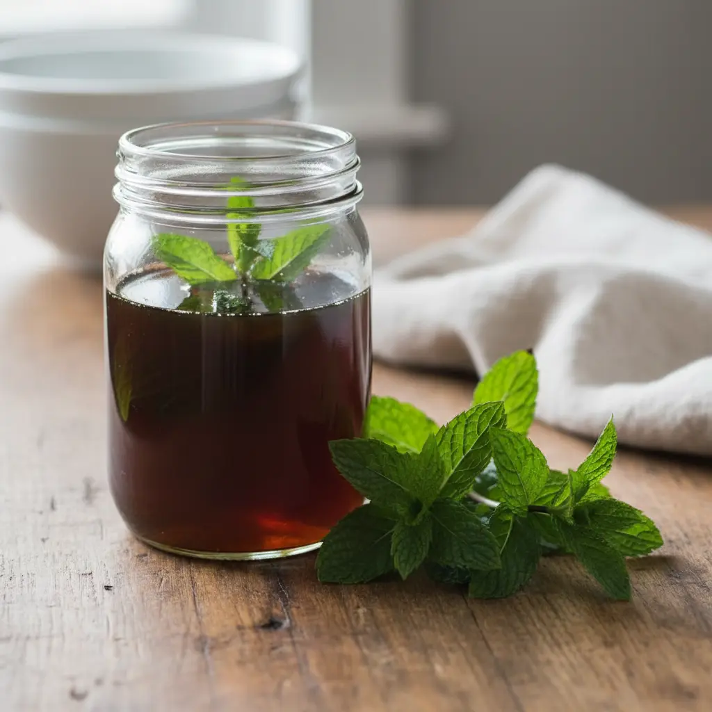 Dark amber meadow tea recipe concentrate in glass jar with fresh mint
