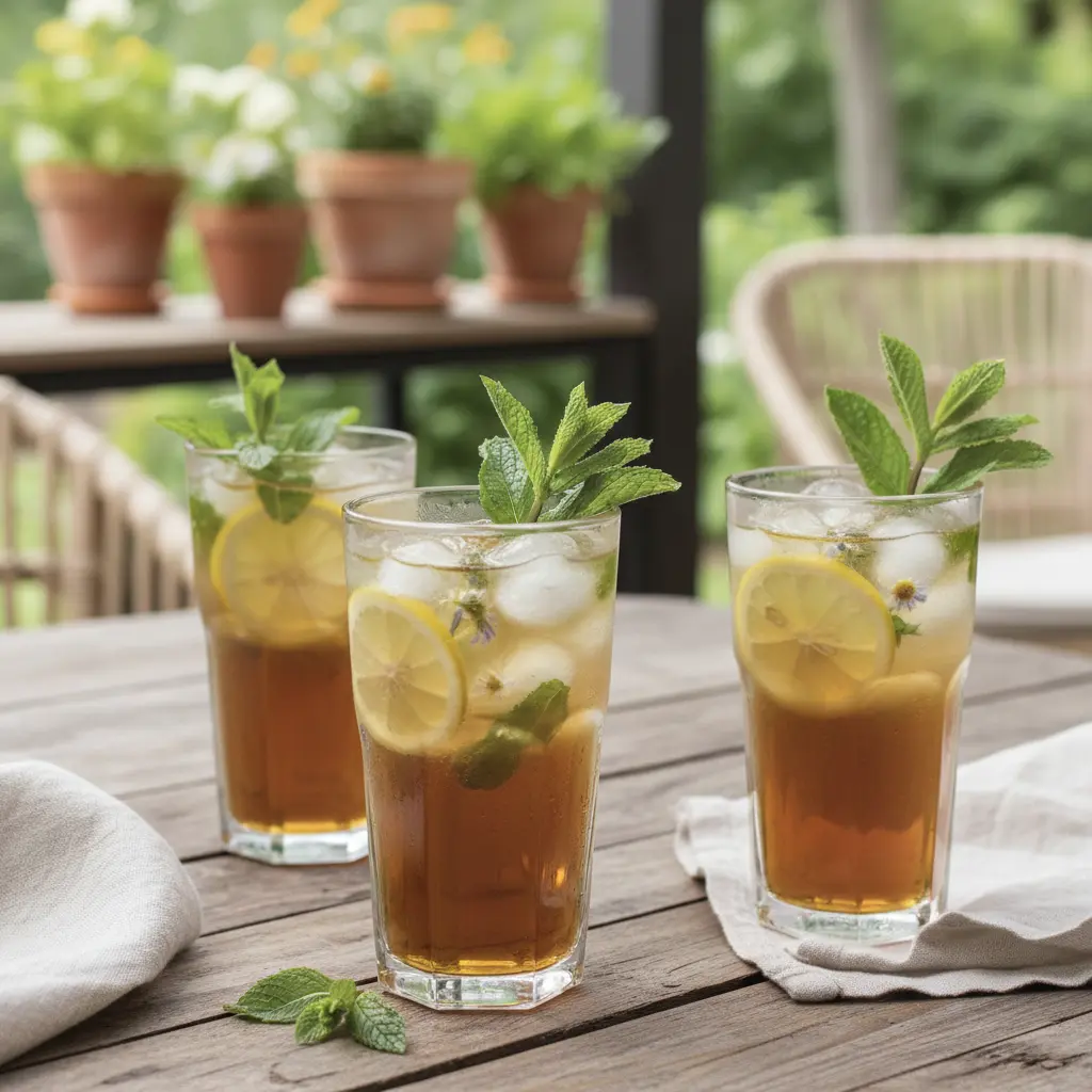 Glasses of meadow tea recipe with ice and lemon garnish on summer table