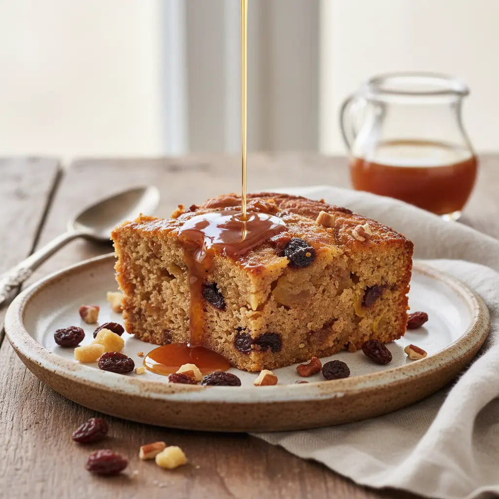 Serving of Jamaican bread pudding with rum sauce