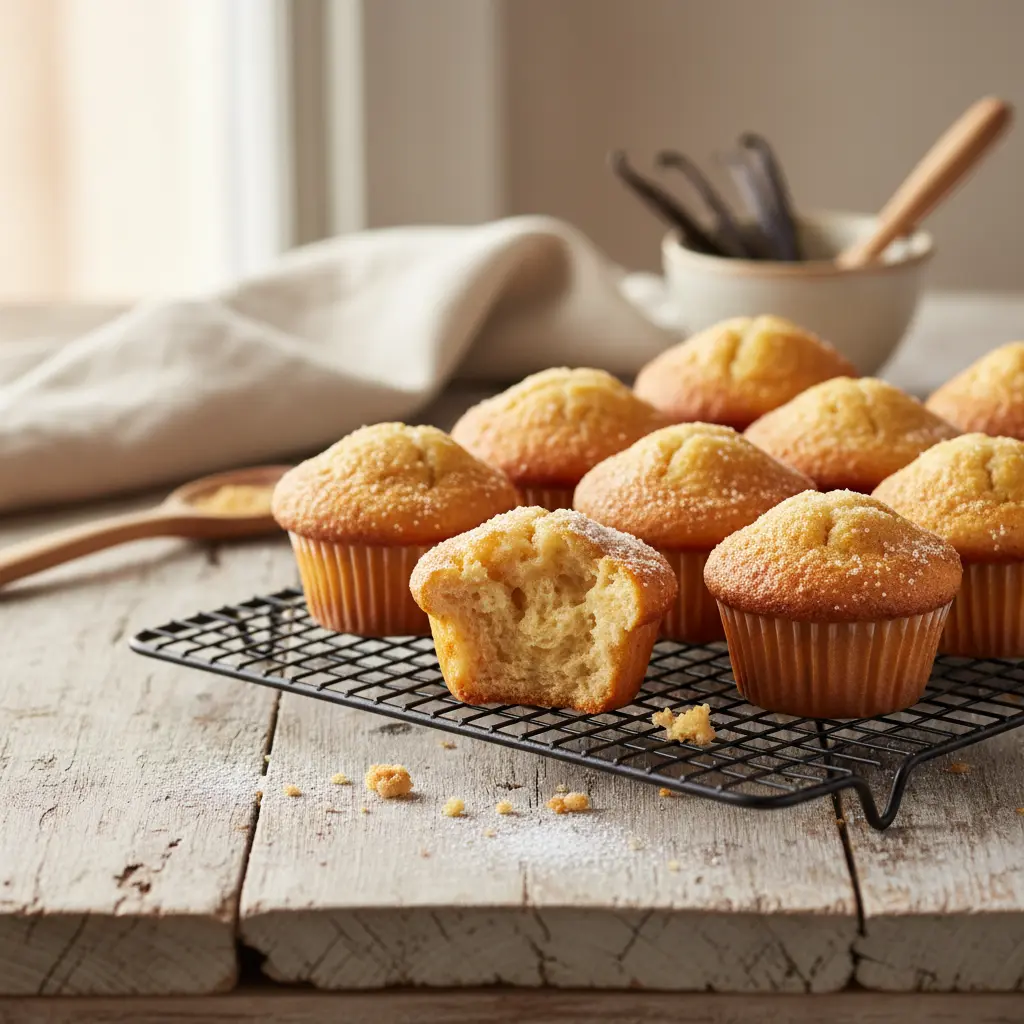 Freshly baked muffins pudding filling recipe showing golden-topped vanilla muffins on cooling rack