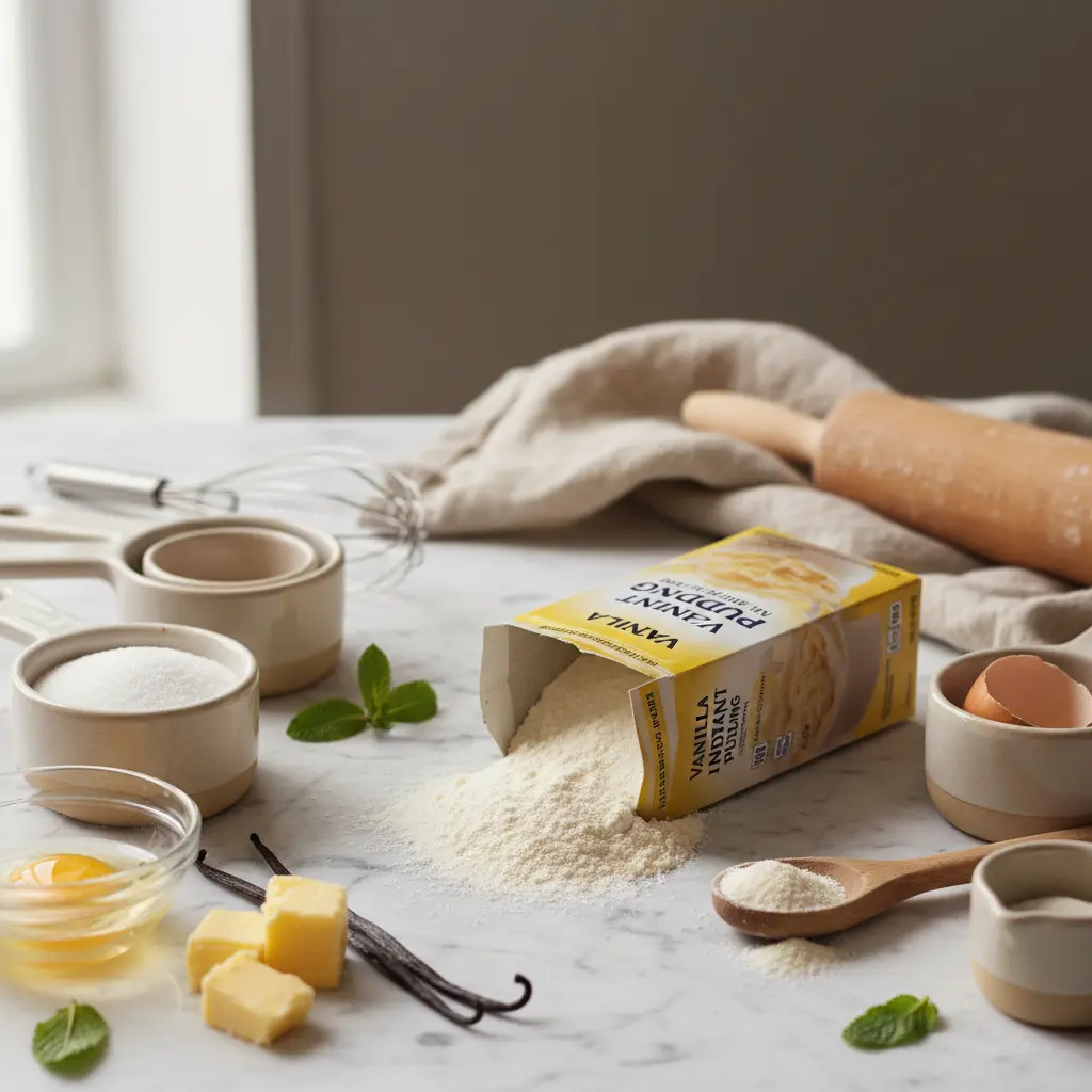 Instant pudding mix and measuring ingredients for muffins pudding filling recipe preparation