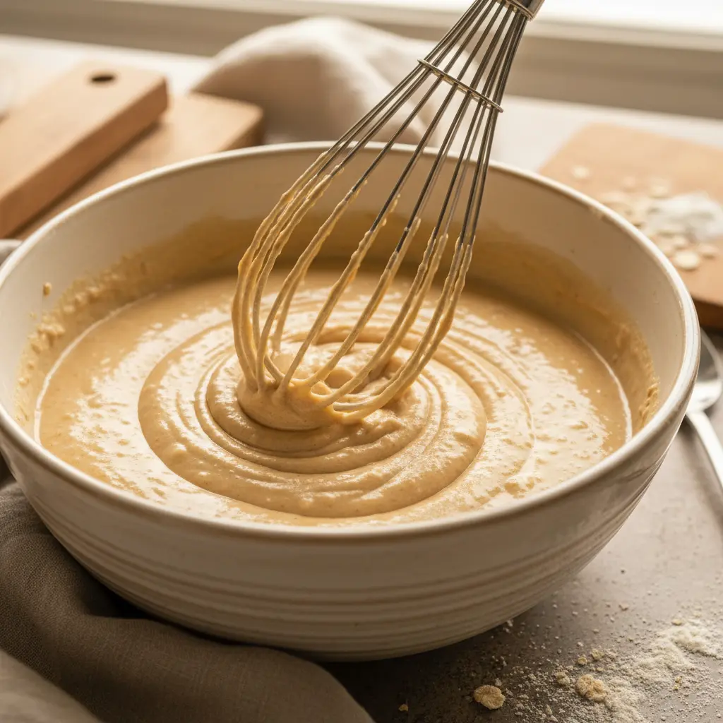 Creamy muffins pudding filling recipe batter being mixed showing proper consistency