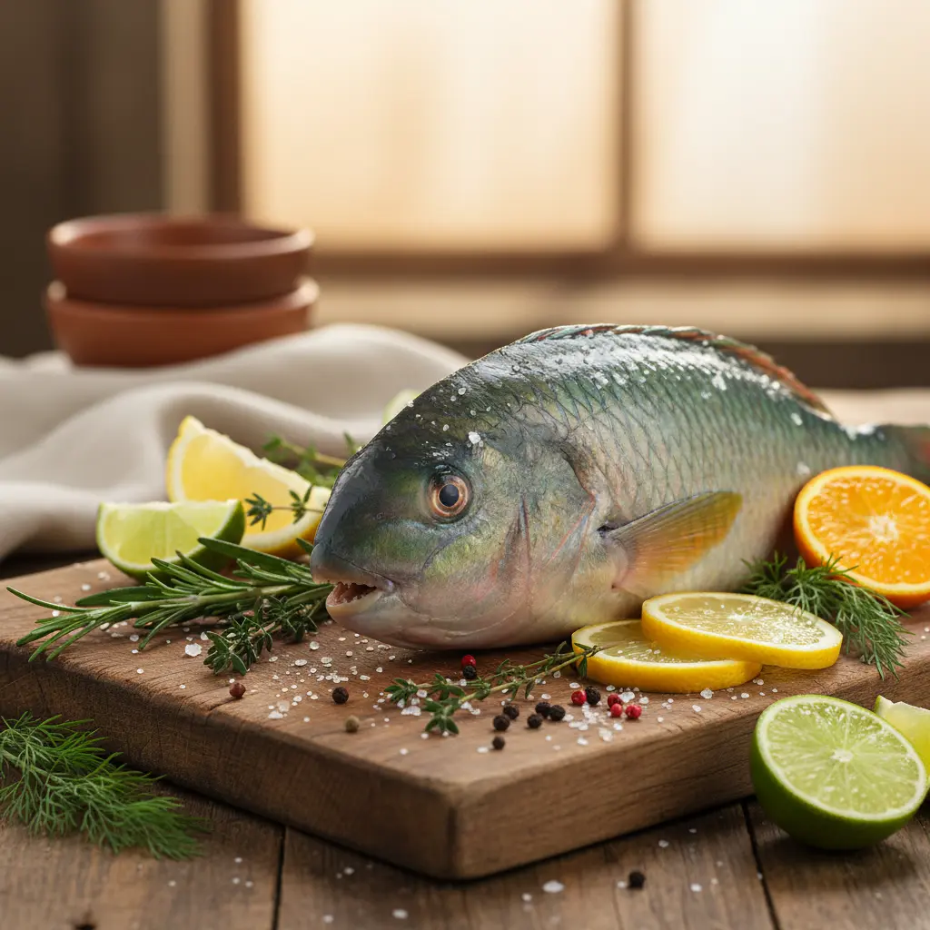 Fresh parrot fish preparation with Caribbean herbs and spices on wooden cutting board