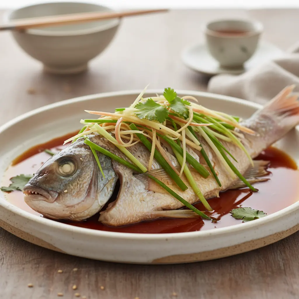 Elegant plated steamed parrot fish with Asian-style garnishes and seasonings