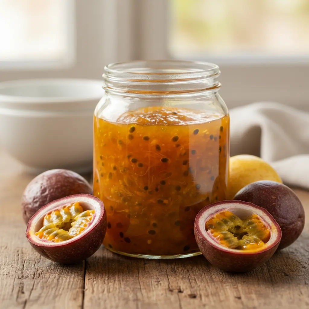 Fresh passion fruit jam in glass jar with tropical fruit halves