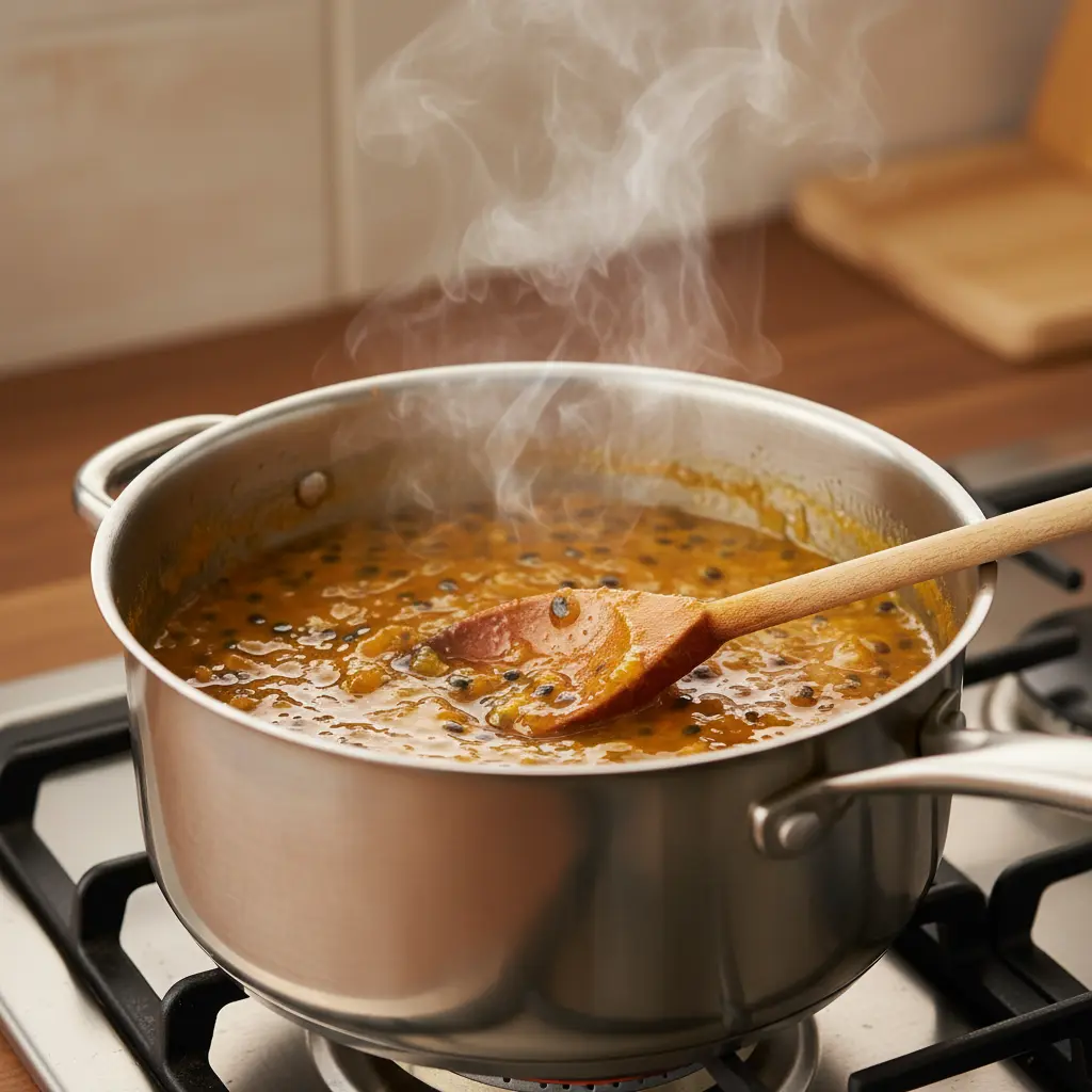 Passion fruit jam bubbling in cooking pot with wooden spoon