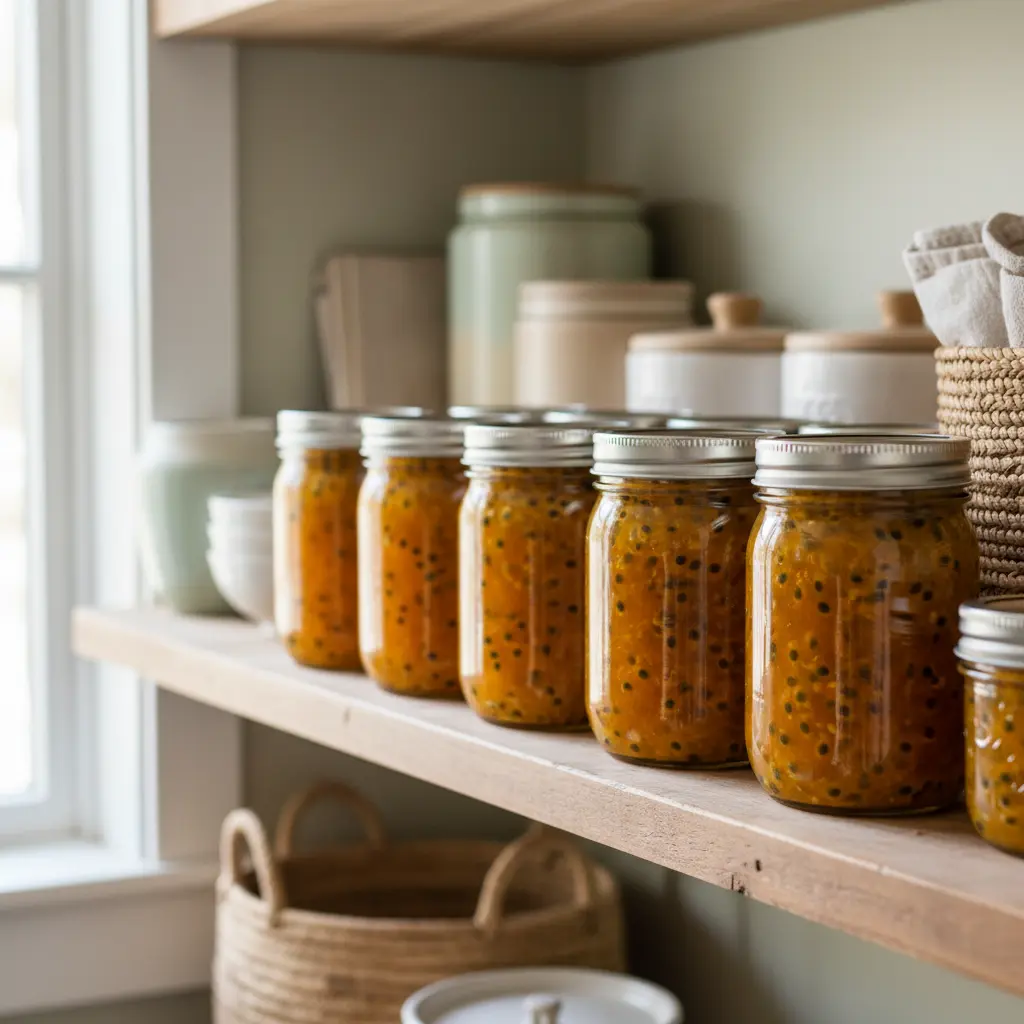 Multiple glass jars of passion fruit jam arranged on kitchen shelf