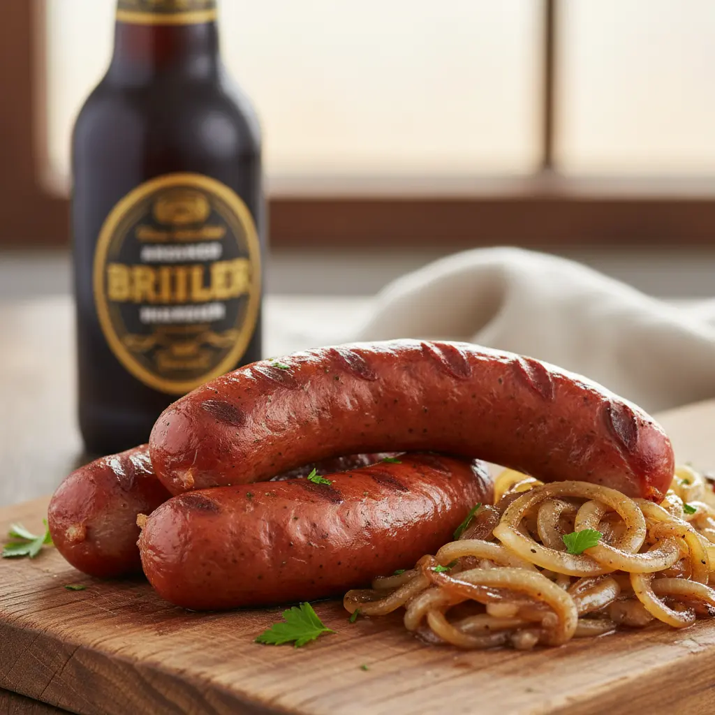 Perfectly smoked bratwurst sausages with caramelized onions showcasing the golden brown color and smoky texture achieved through proper smoking technique