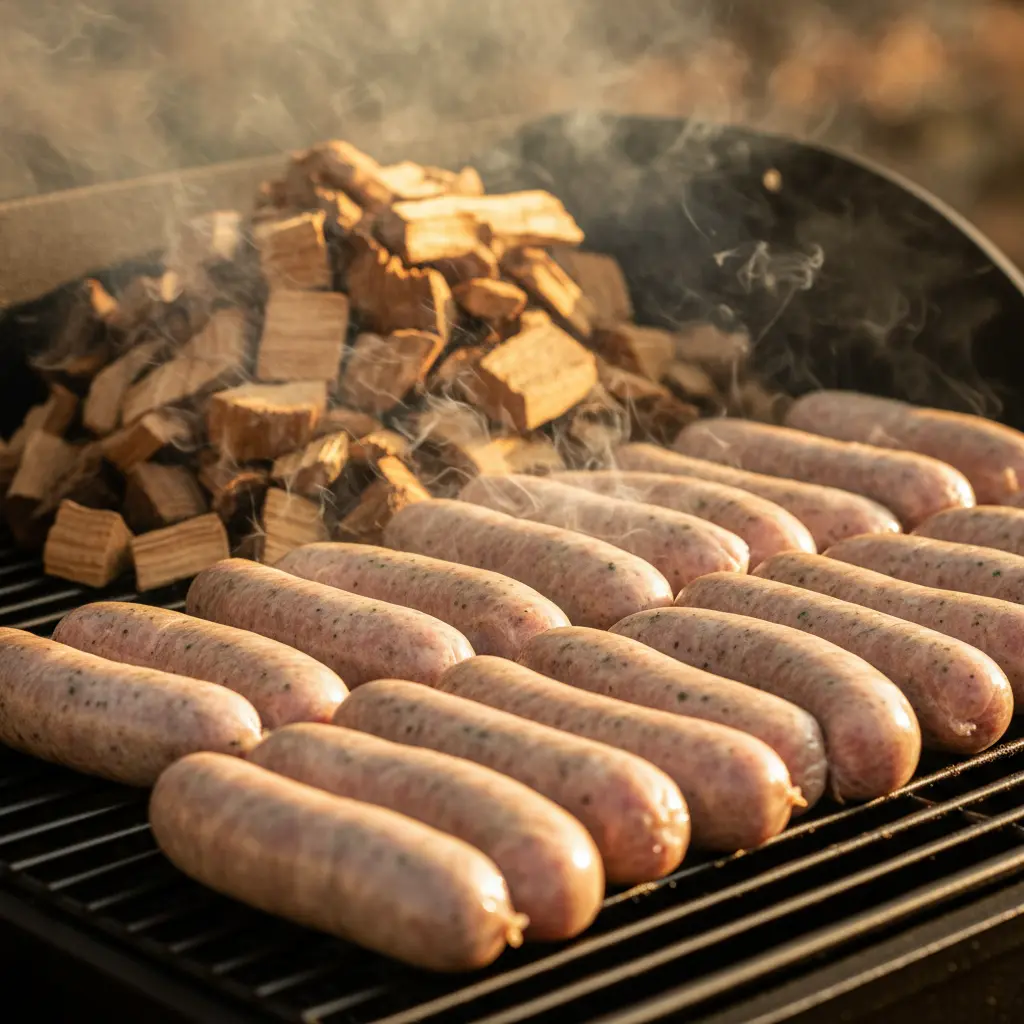 Raw bratwurst sausages on smoker grate with hickory wood chips creating aromatic smoke for the smoked brats recipe preparation