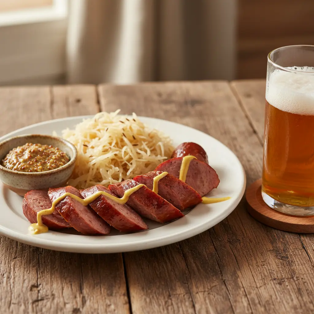 Sliced smoked bratwurst on plate with sauerkraut and mustard showing the perfect pink smoke ring and juicy texture from proper smoking