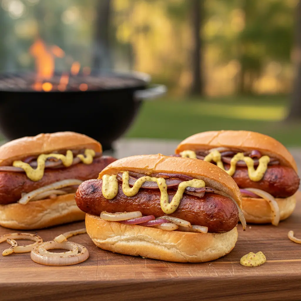 Golden brown smoked bratwurst in buns with grilled onions and mustard at outdoor BBQ setting, perfect for entertaining