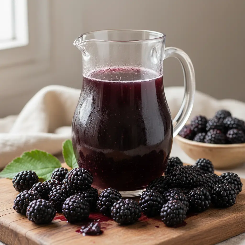 Fresh blackberry juice in glass pitcher with ripe blackberries