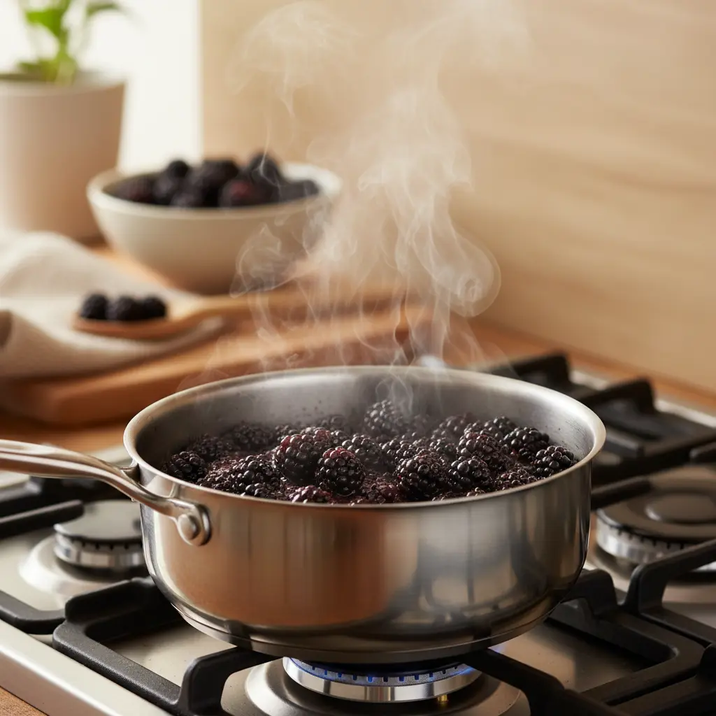 Cooking blackberries in saucepan with steam rising