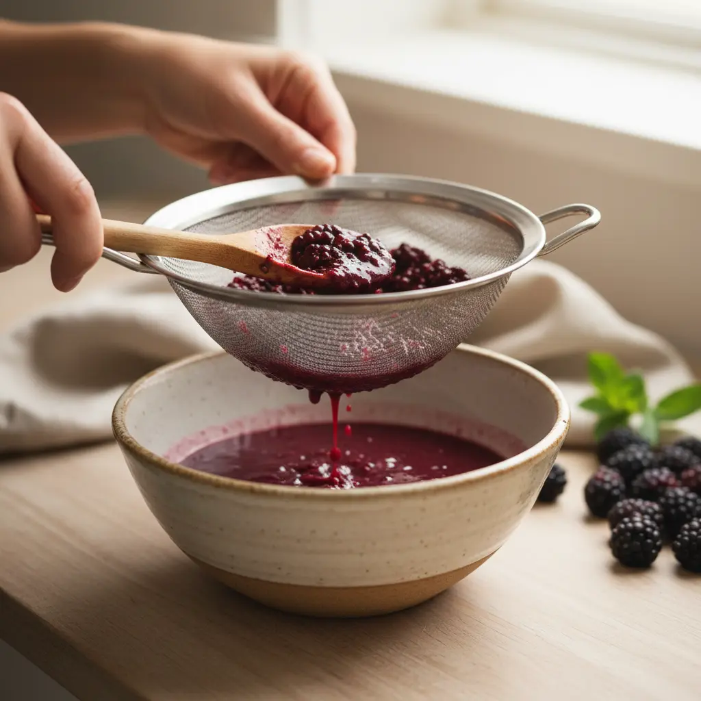Straining blackberry mixture through fine mesh strainer