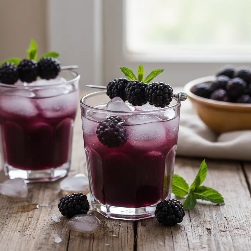 Two glasses of blackberry juice with ice and garnish