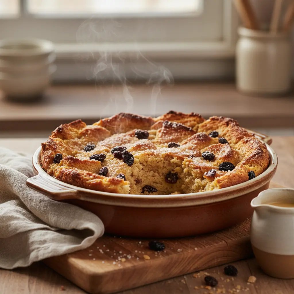 Baked Jamaican bread pudding in a baking dish