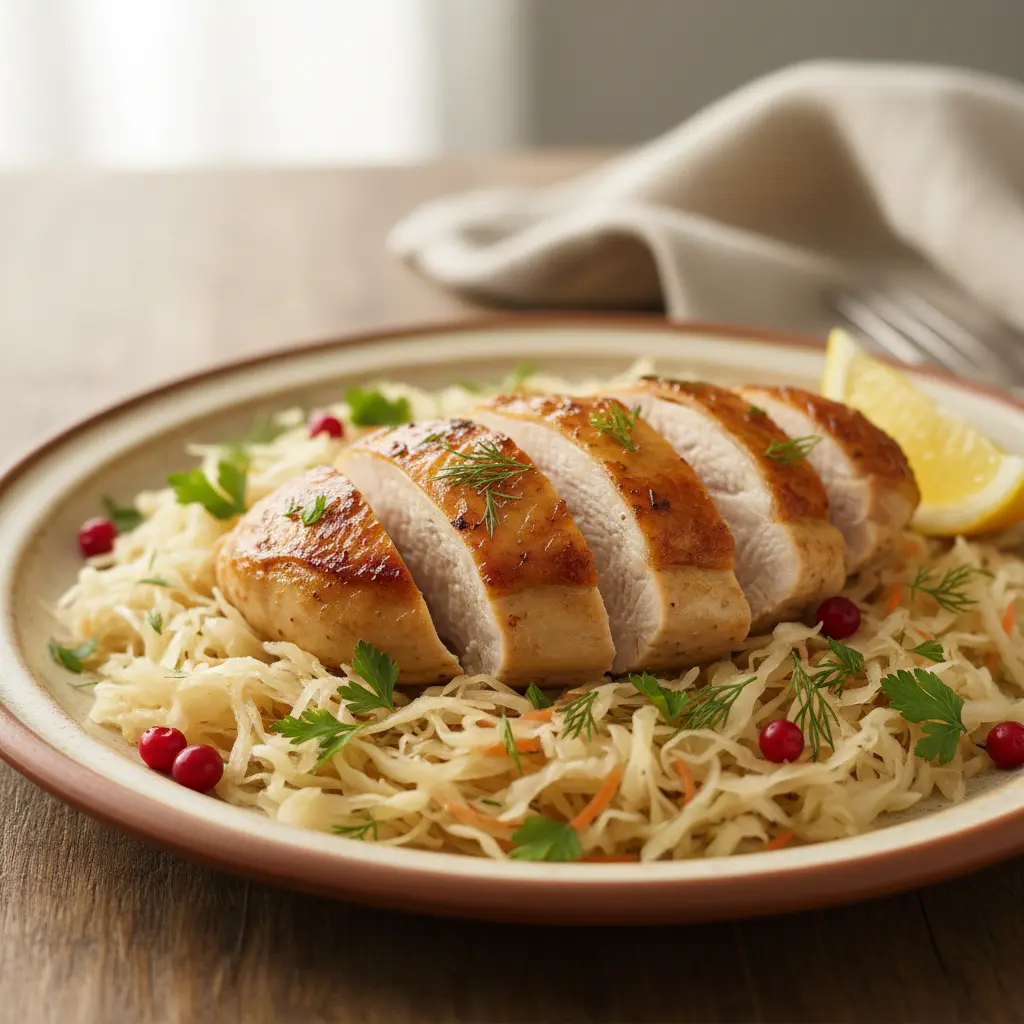 Plated chicken and sauerkraut with garnishing
