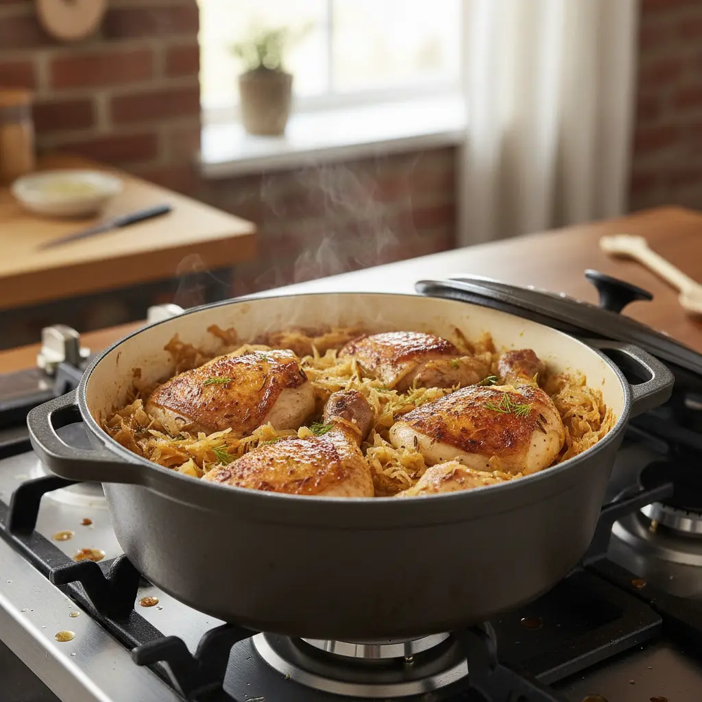 Cooking chicken and sauerkraut in a pot on a stove