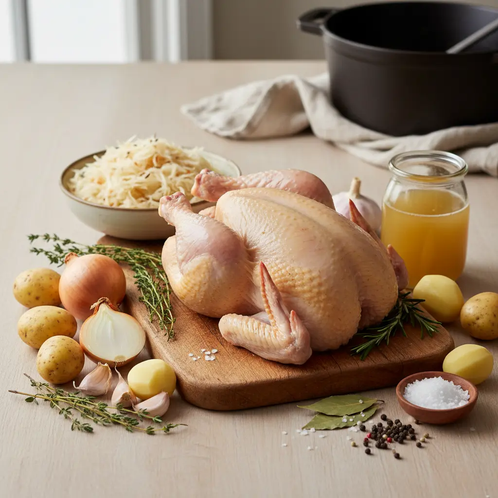 Ingredients of chicken and sauerkraut laid out on a kitchen countertop