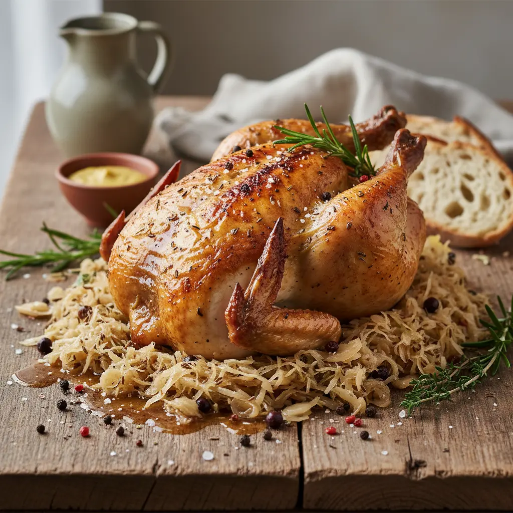 Chicken and sauerkraut on a rustic wooden table