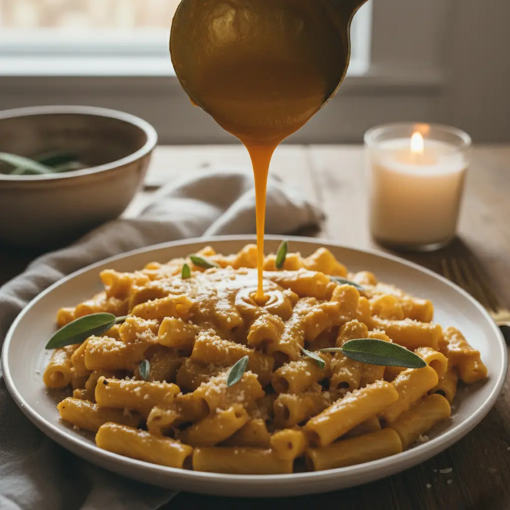 Delicious pumpkin sauce drizzled over pasta
