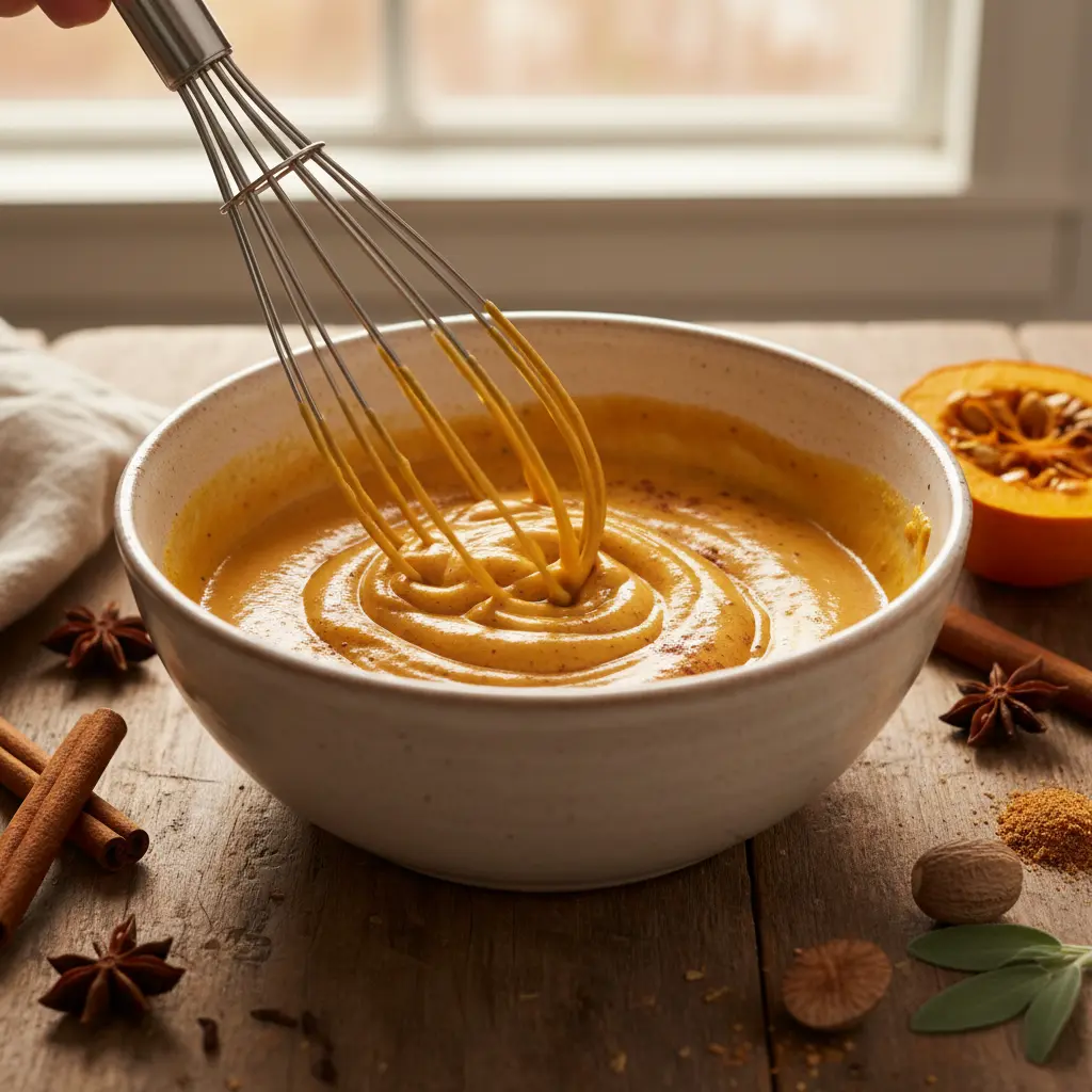 Ingredients being whisked in bowl for pumpkin sauce