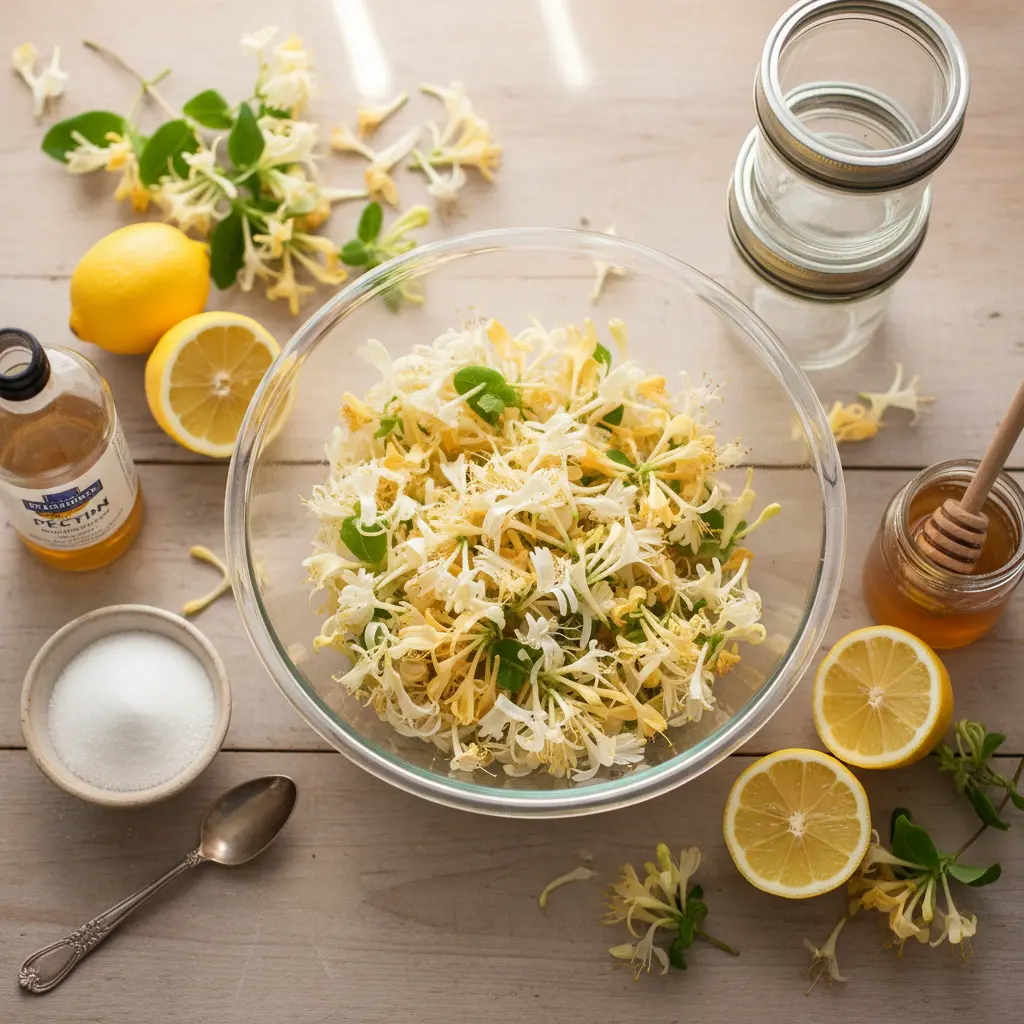Fresh honeysuckle flowers and ingredients