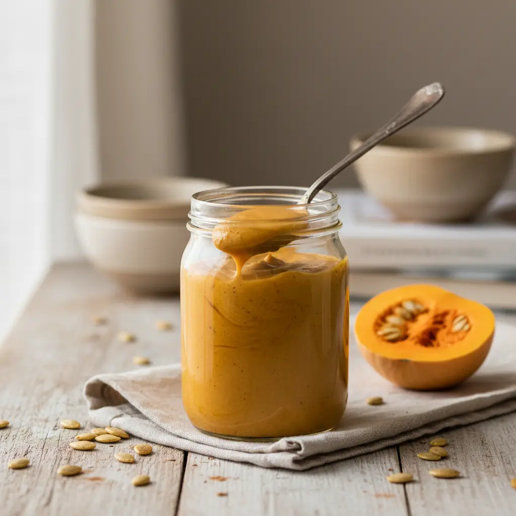 Jar of freshly made pumpkin sauce with spoon