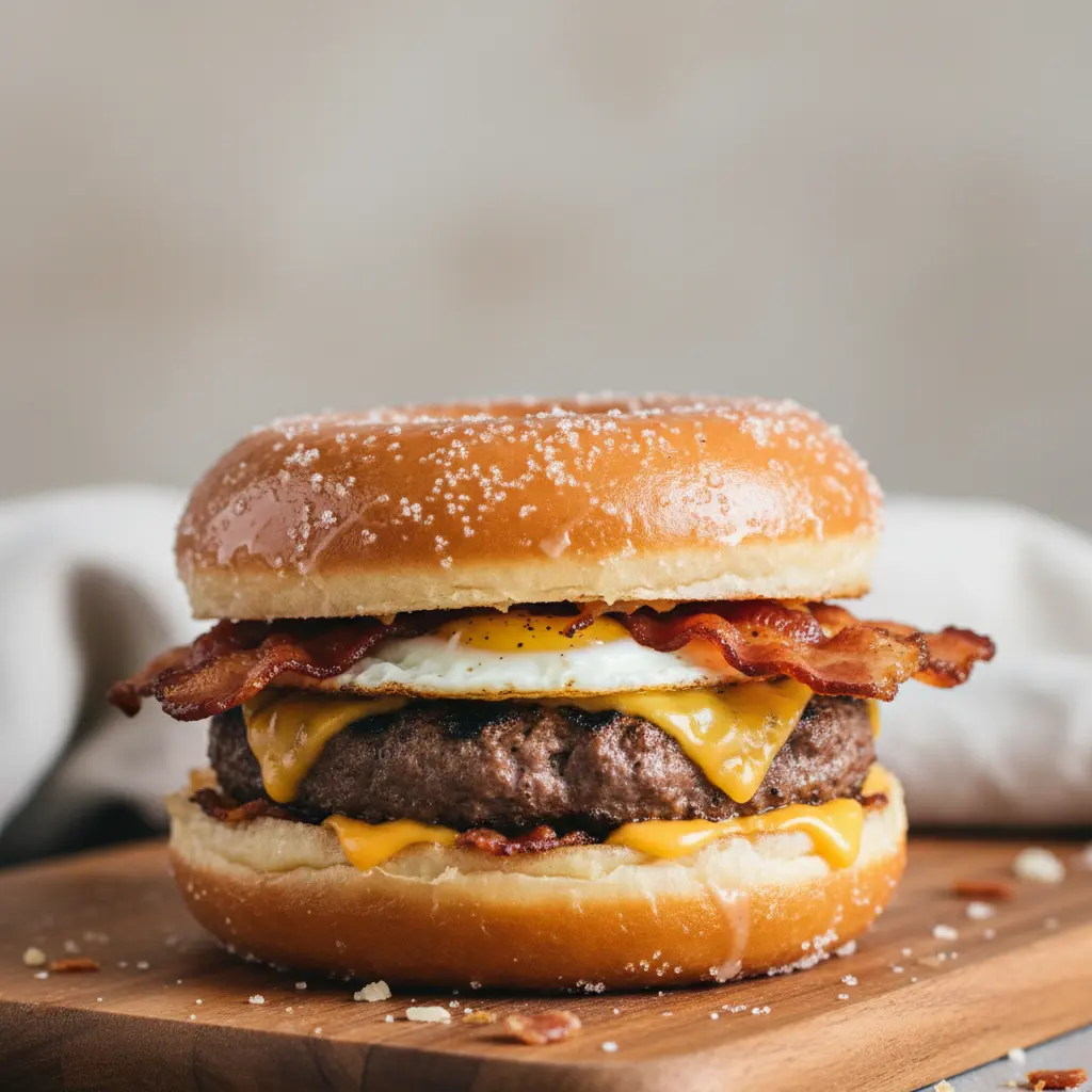 Luther Burger on a glazed donut with bacon and cheese