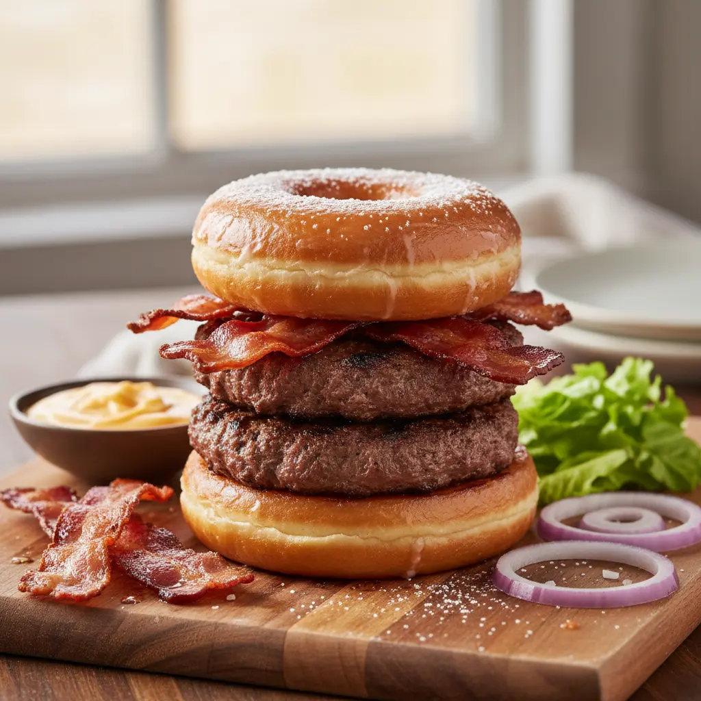 ingredients for Luther Burger including donuts, bacon, and beef patties