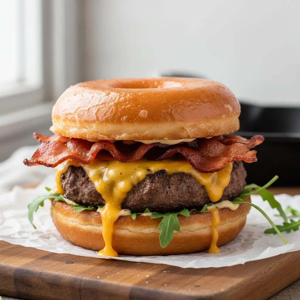 cooking Luther Burger with melted cheese and crispy bacon