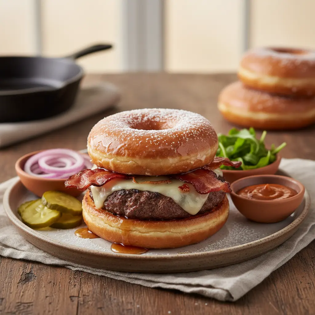 serving Luther Burger on a plate with side toppings