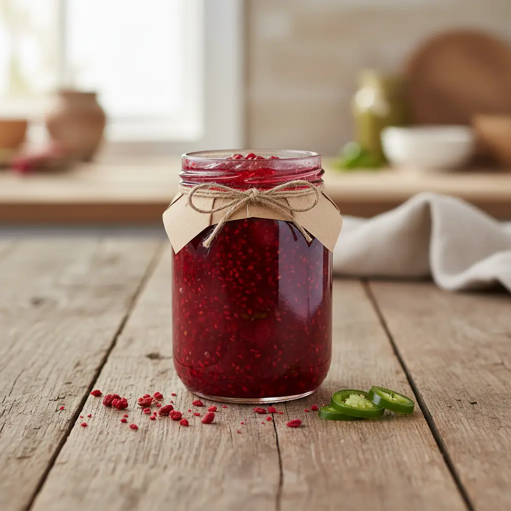 Raspberry jalapeno jam jar on a rustic wooden table