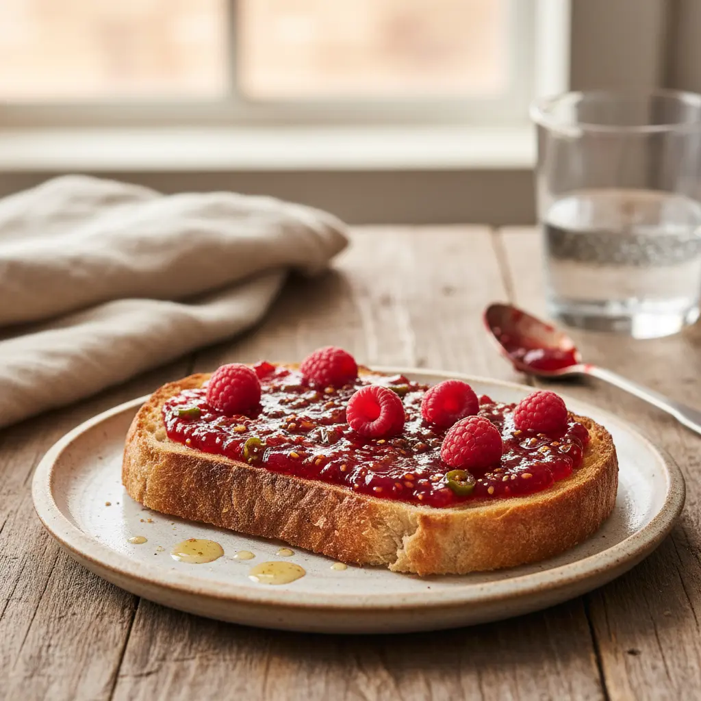 Served raspberry jalapeno jam on toast