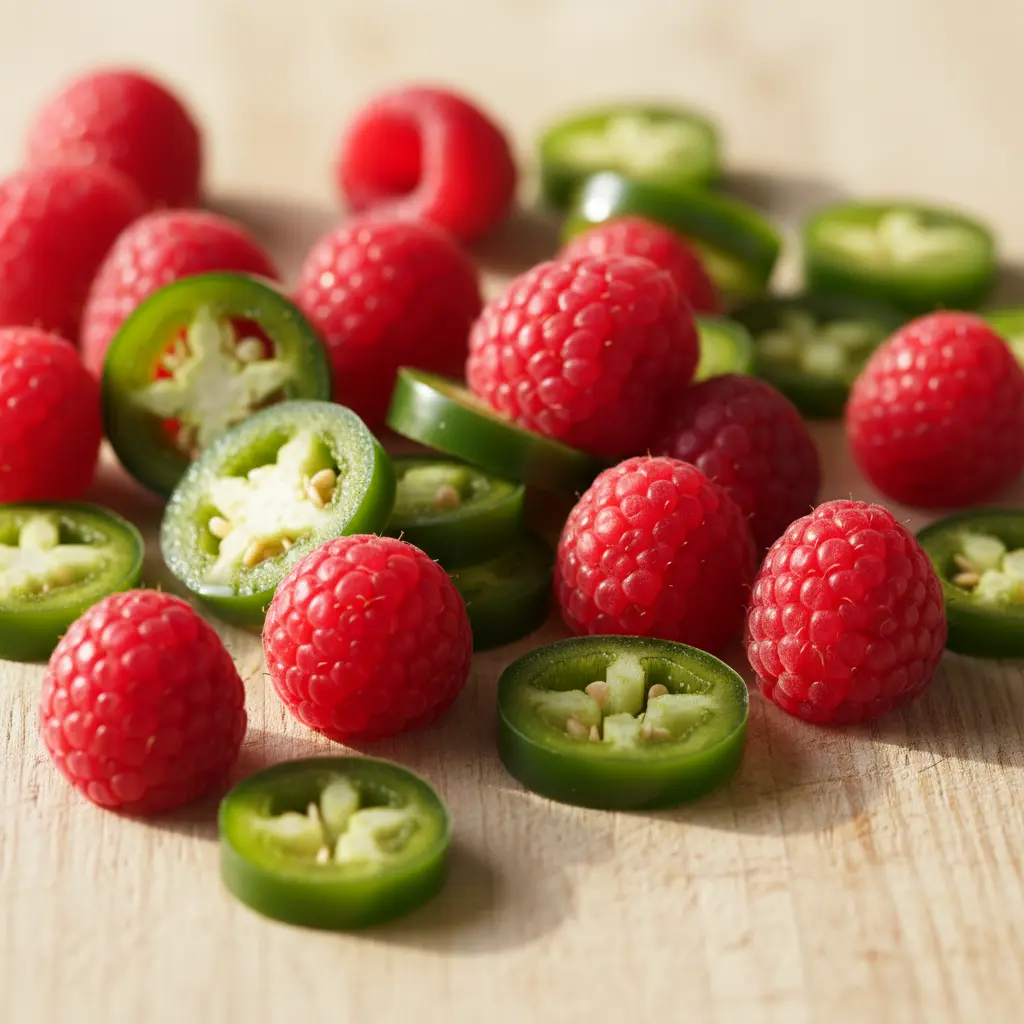 Fresh raspberries and jalapenos for jam