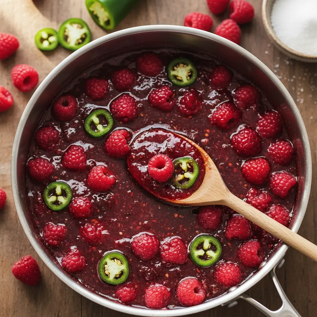 Cooking raspberry jalapeno jam in a saucepan