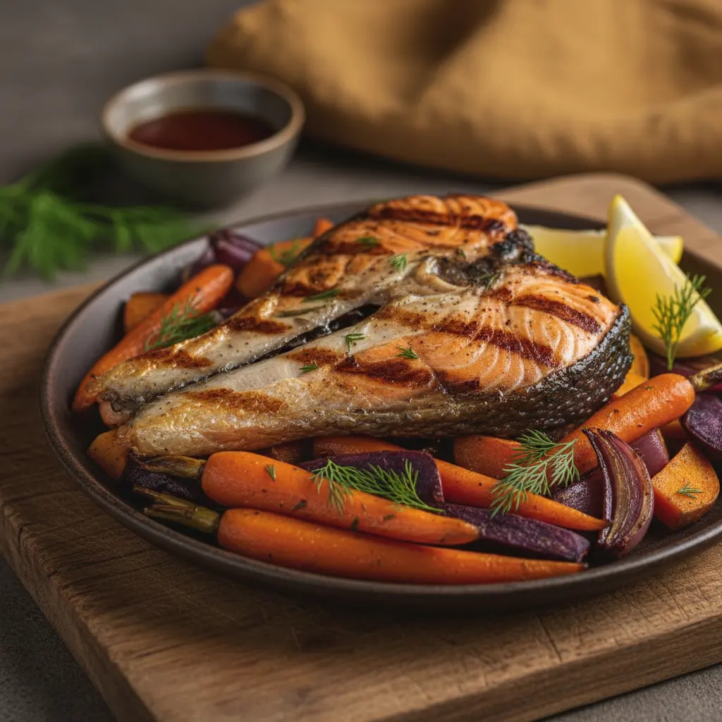 Grilled salmon collar being cooked