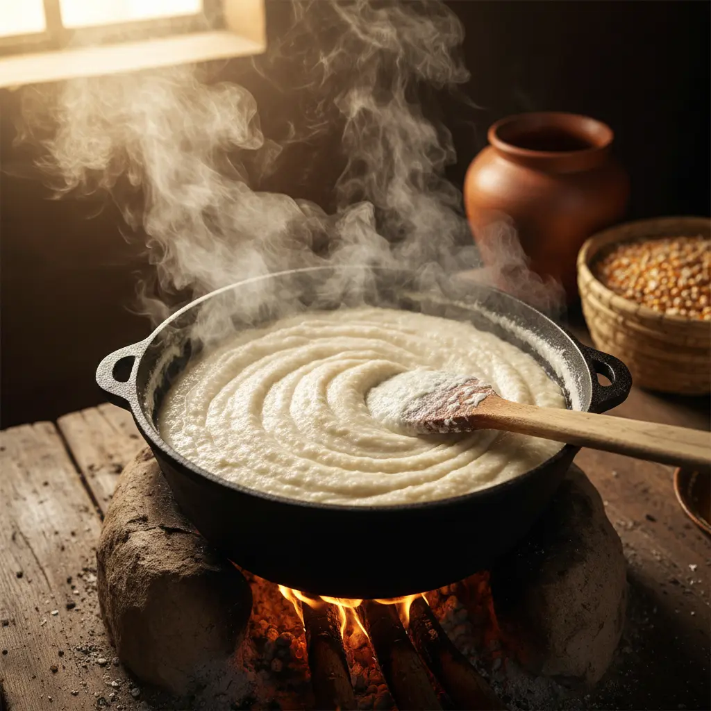 Freshly cooked Sadza in a bowl garnished with greens.