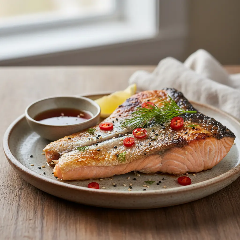 Served salmon collar with garnishing