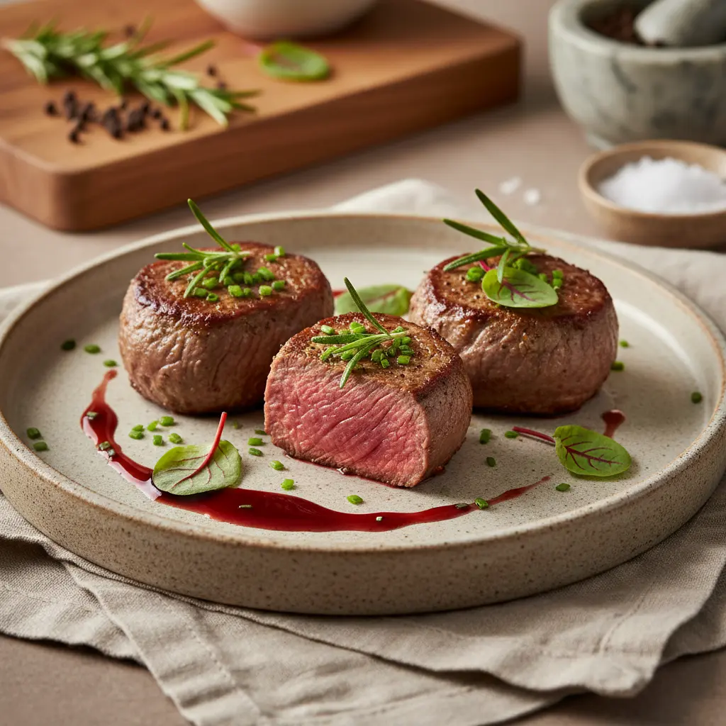Beef tenderloin medallions on a plate, garnished with herbs