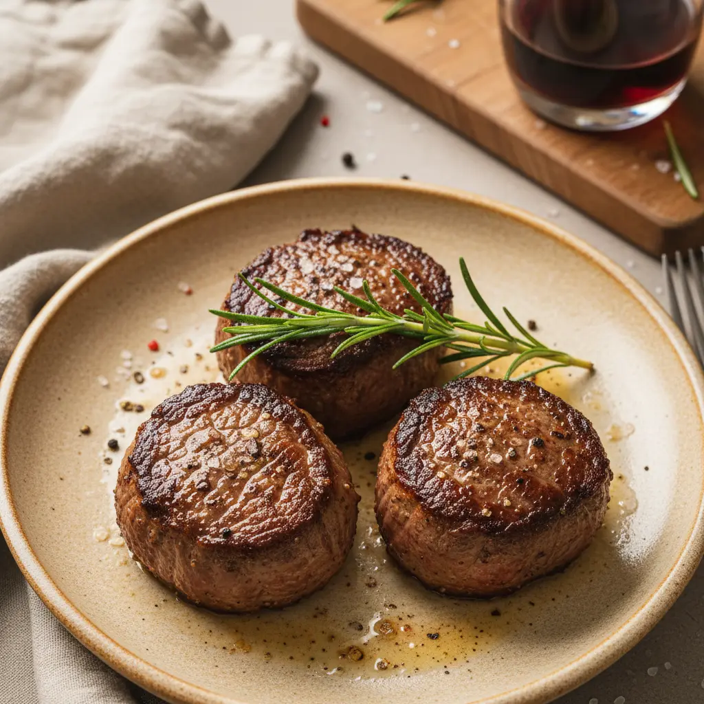 Pan-seared beef medallions garnished with a sprig of rosemary