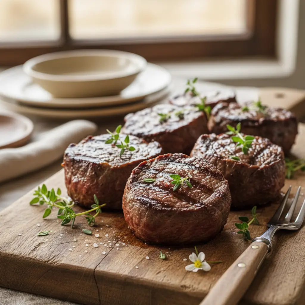 Grilled beef tenderloin medallions, garnished with thyme