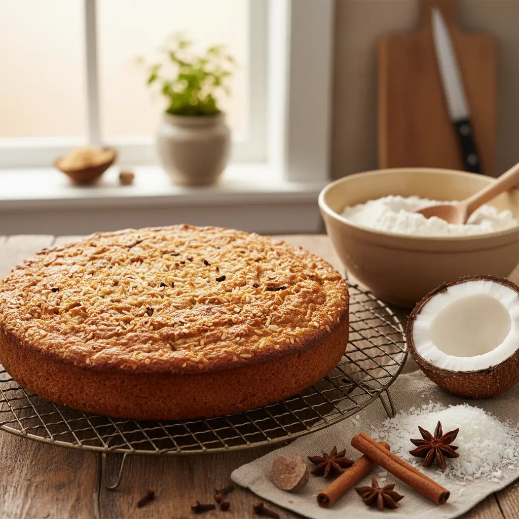 Preparing Jamaican Toto, coconut, spices, baking process.