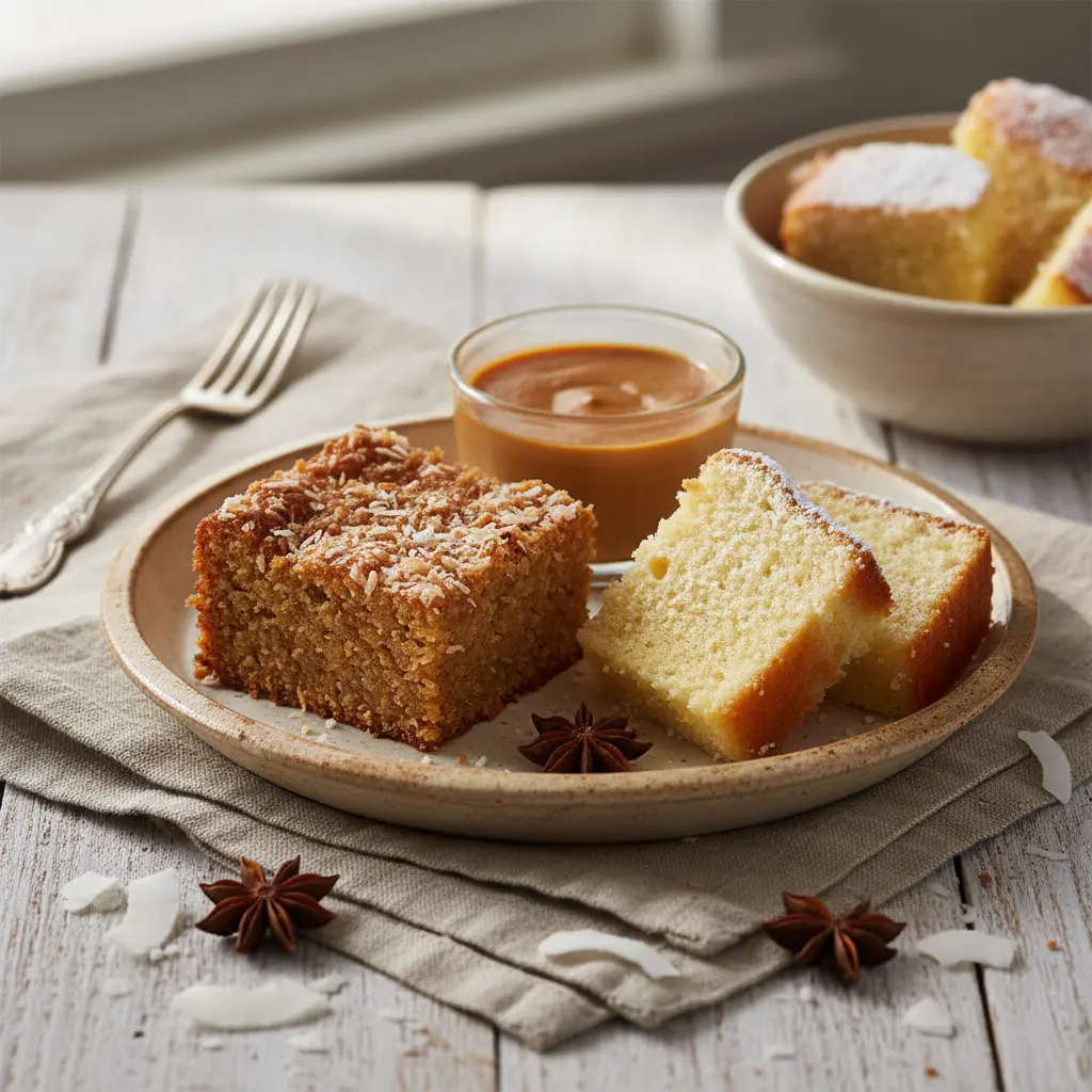 Serving Jamaican Toto, sliced cake, dessert plate.